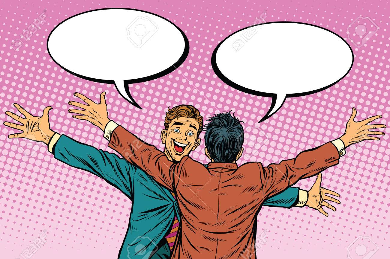 喜んで抱きしめる 友情 ポップアートのレトロなベクトル図 2 人の男性 人間の感情のイラスト素材 ベクタ Image