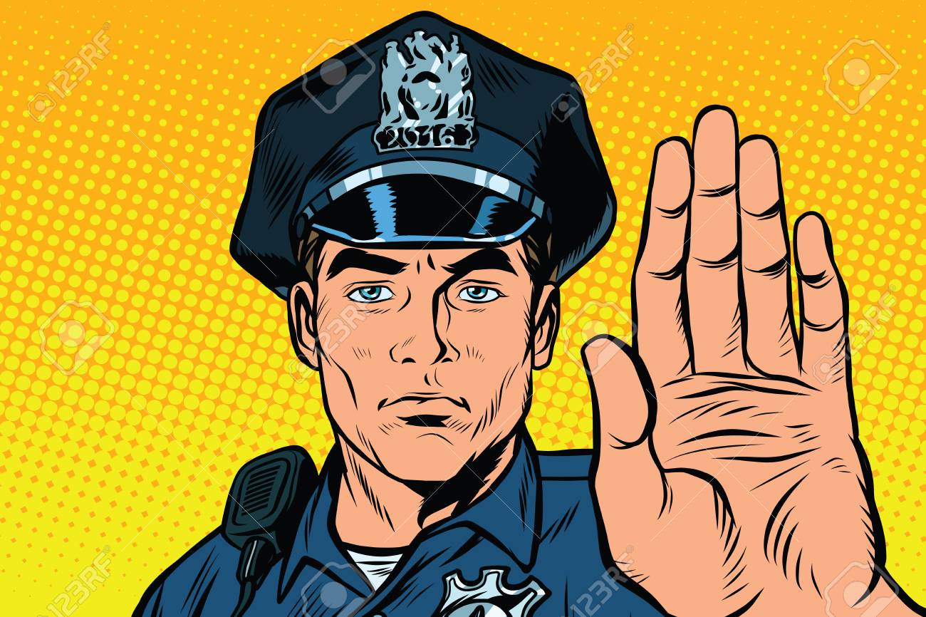 retro police officer stop gesture pop art retro illustration