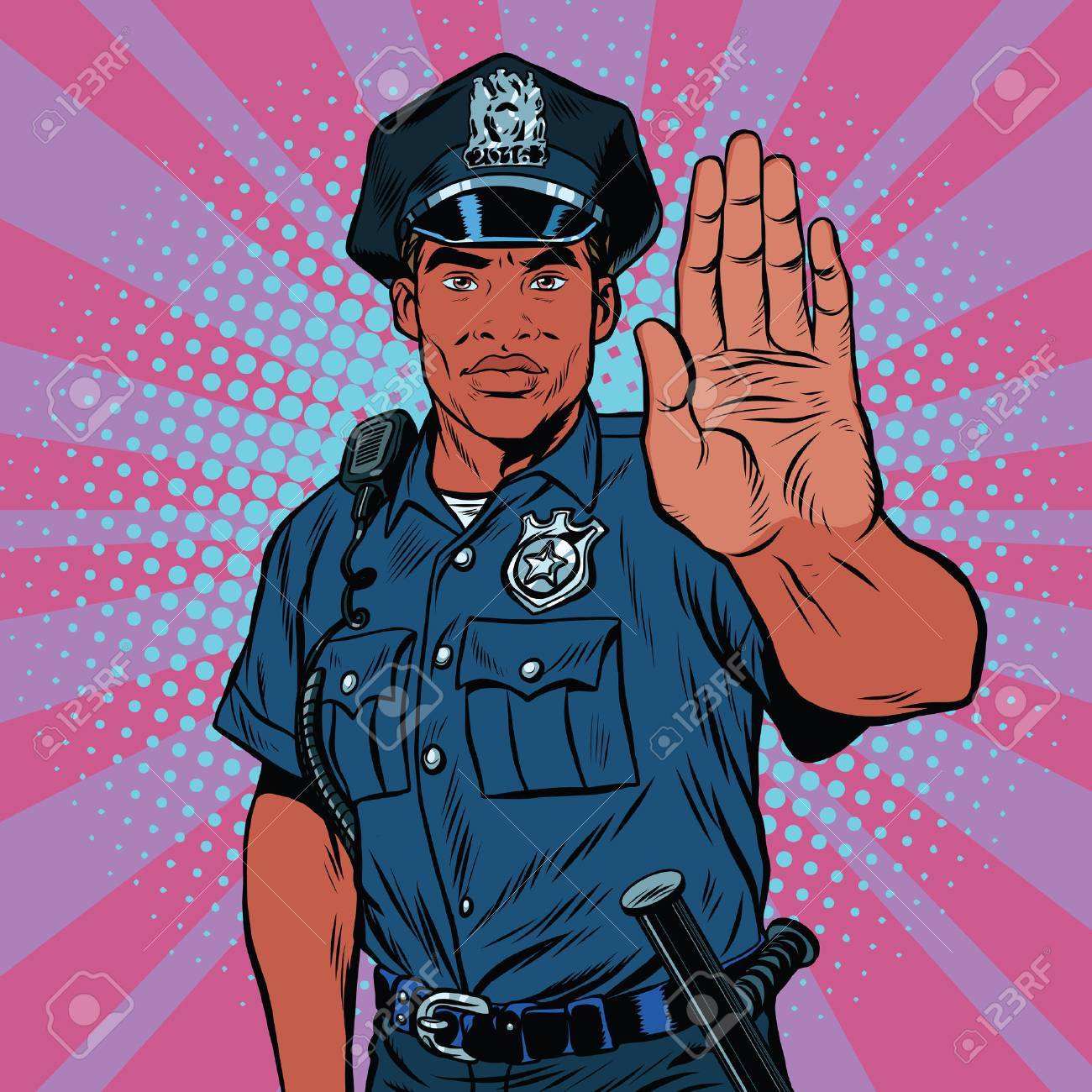 レトロな警察官は、レトロなイラストの Pop アート、ジェスチャーを
