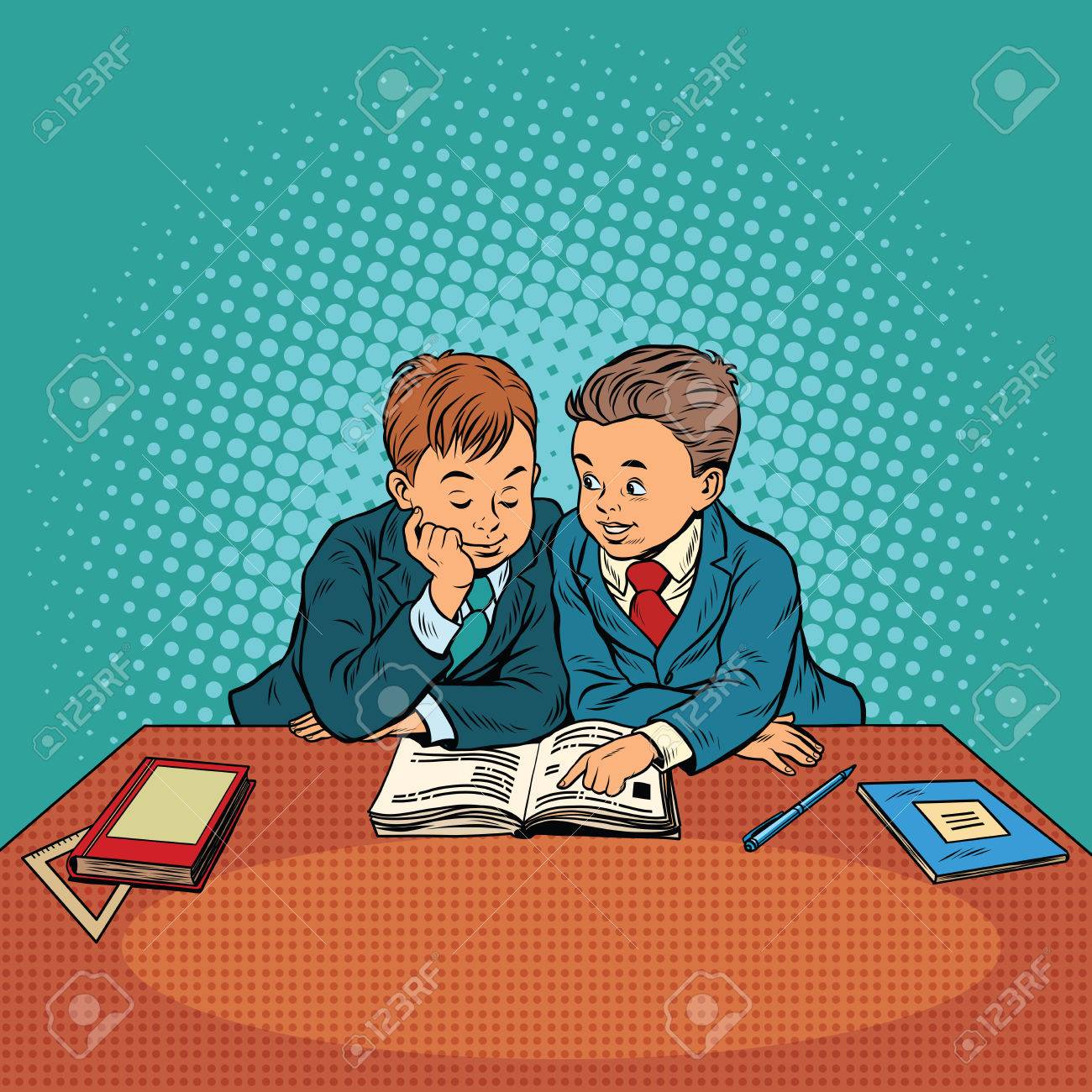 学校で 2 人の友人 ポップアート レトロなベクター イラストです 教育と子どもたちとの友情のイラスト素材 ベクタ Image