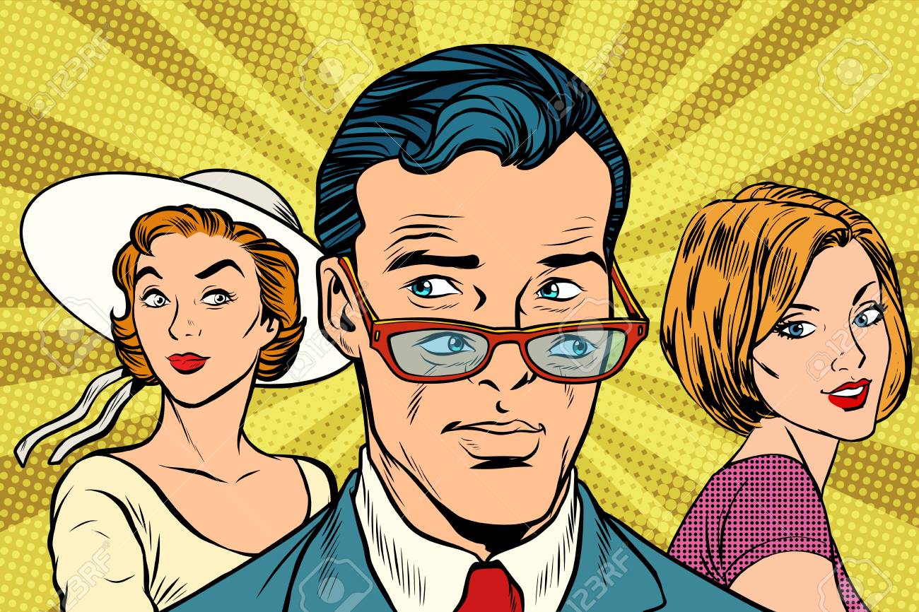Handsome man looking at two women. Love and romance. Pop art retro vector illustration - 90924255 Handsome man looking at two women. Love and romance. Pop art retro vector illustration - 90924255