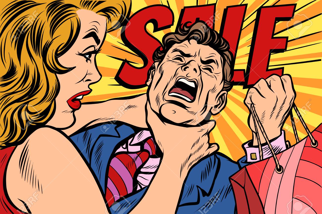 Wife strangles husband, shopping and sales. Pop art retro vector illustration cartoon comics kitsch drawing - 100022131 Wife strangles husband, shopping and sales. Pop art retro vector illustration cartoon comics kitsch drawing - 100022131