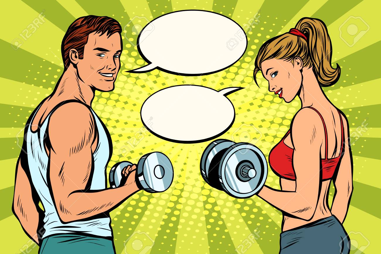 Man and woman in the gym with dumbbells - 102791422 Man and woman in the gym with dumbbells - 102791422