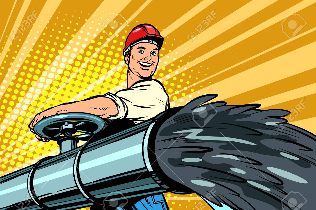 oil flowing out of pipe, male oilman opens tap. Pop art retro vector illustration kitsch vintage - 110273002 oil flowing out of pipe, male oilman opens tap. Pop art retro vector illustration kitsch vintage - 110273002
