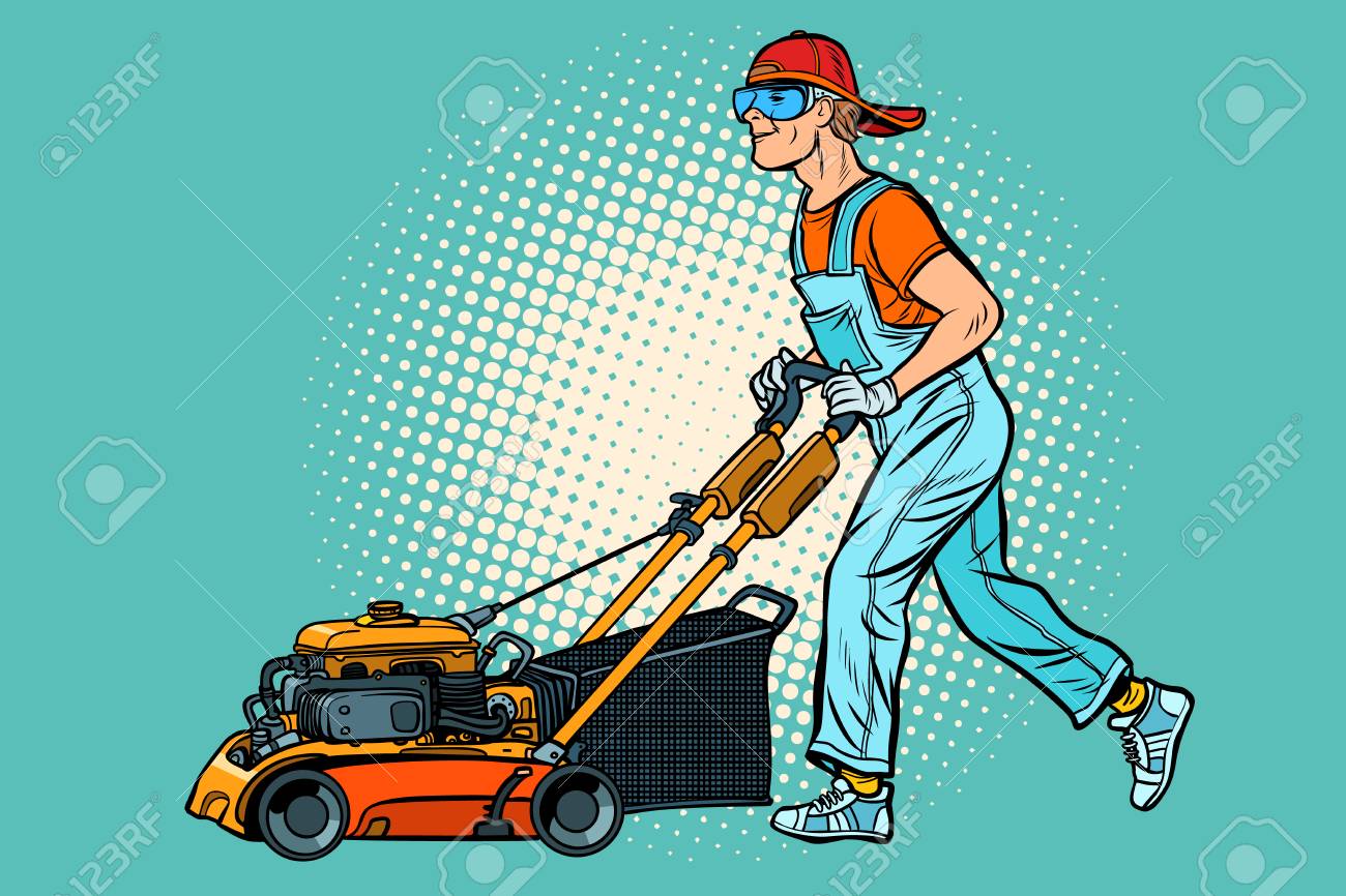 lawn mower worker. Profession and service. Pop art retro vector illustration vintage kitsch - 127472049 lawn mower worker. Profession and service. Pop art retro vector illustration vintage kitsch - 127472049
