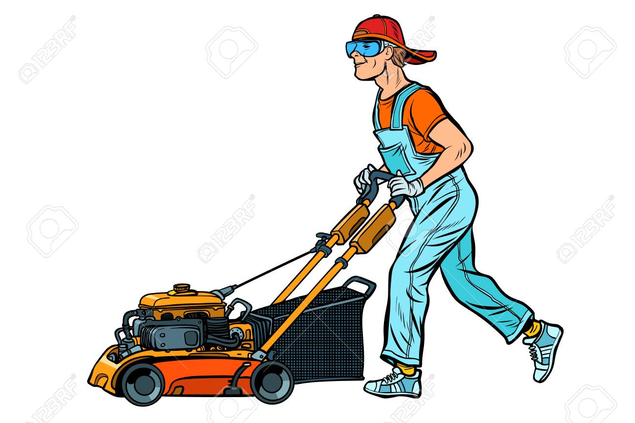 lawn mower worker. Profession and service. Isolate on white background. Pop art retro vector illustration vintage kitsch - 126887532 lawn mower worker. Profession and service. Isolate on white background. Pop art retro vector illustration vintage kitsch - 126887532