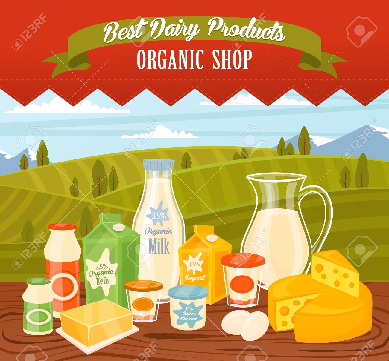 Dairy products on wooden table, dairy food. Different vector dairy products. Milk products, cheese, eggs, cream and other dairy food. Farmer food on background fields. Jug of milk and butter, yogurt. - 52105484 Dairy products on wooden table, dairy food. Different vector dairy products. Milk products, cheese, eggs, cream and other dairy food. Farmer food on background fields. Jug of milk and butter, yogurt. - 52105484