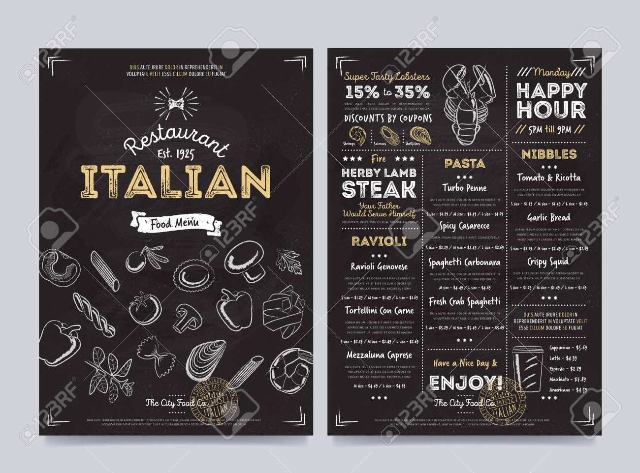 italian restaurant cafe menu template design on chalkboard