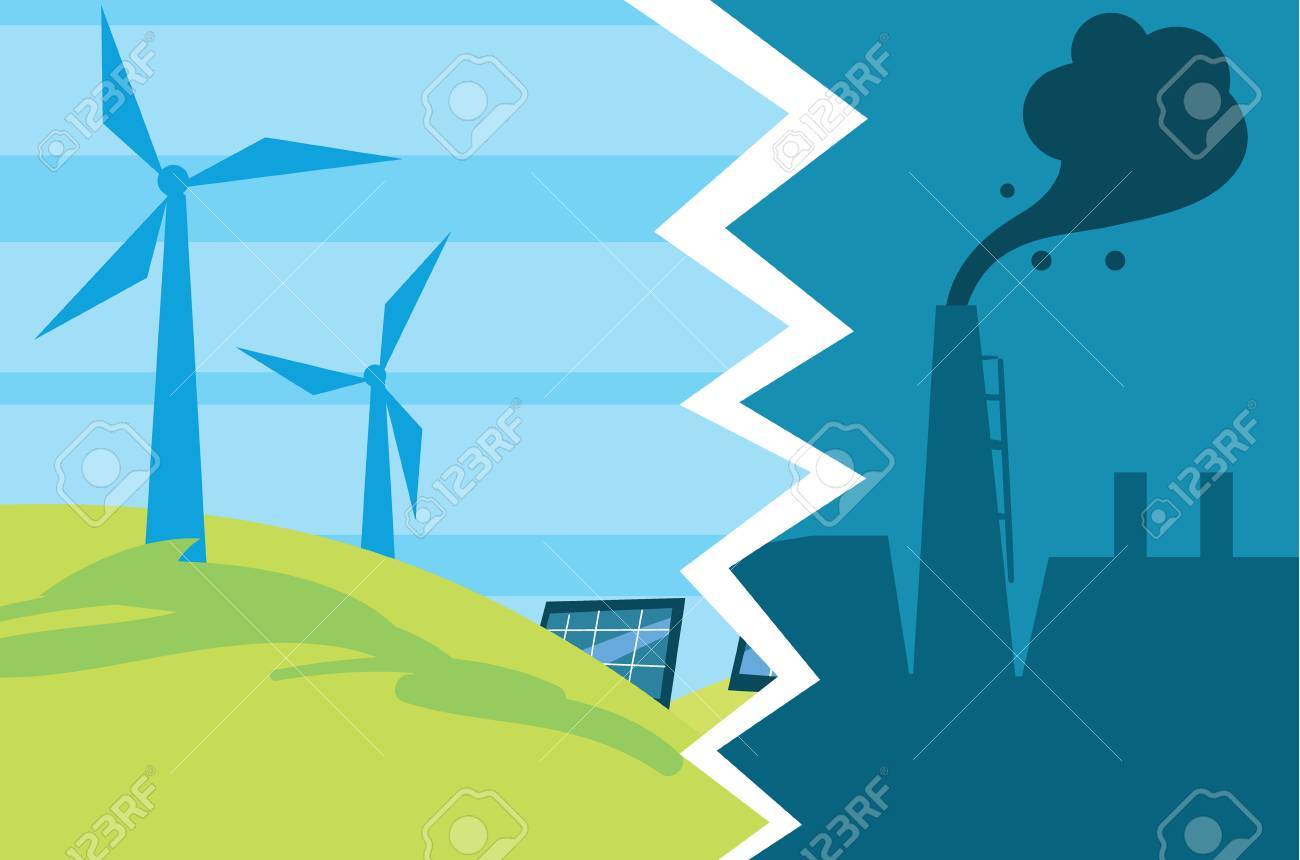 クリーン エネルギー産業公害からの進化のベクトル イラスト 世界バナーの緑化 従来および代替自然電力リソース 緑の開発技術 のイラスト素材 ベクタ Image