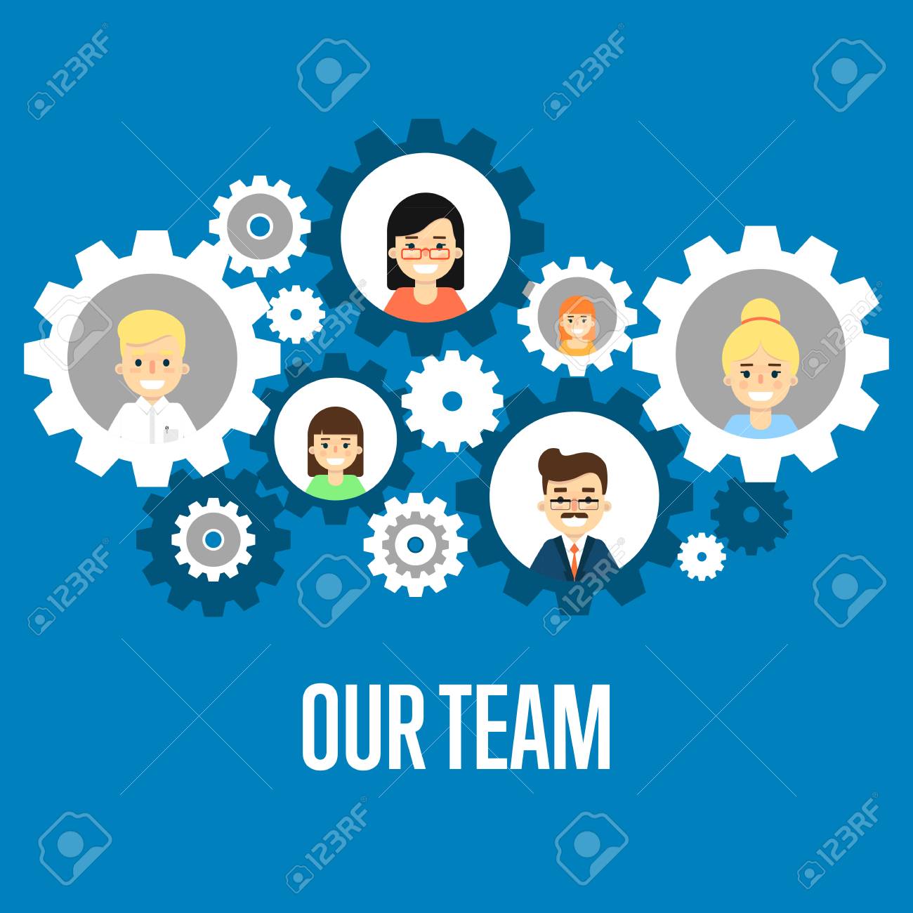 青い背景に丸い歯車アイコンの笑顔の人々 のキャラクター 私たちチームのバナー ベクトル図です 歯車の動作するシステムを構築のチームワークの概念 コラボレーションとパートナーシップ のイラスト素材 ベクタ Image