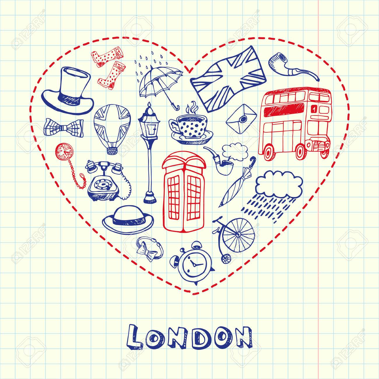 ロンドンが大好きです 点線心方眼ベクトル図に描かれた英語の大文字に関連付けられている落書きでいっぱい ヨーロッパの旅についての思い出 英国関連のアイコンをペンでスケッチのイラスト素材 ベクタ Image