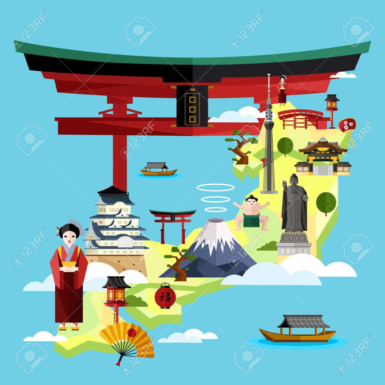 日本の有名なランドマーク 青の背景 ベクトル図に アジアの女の子 伝統的なドレスでマップを移動します 時間旅行の概念に アジアの建築とフラットなデザインに伝統的なシンボル のイラスト素材 ベクタ Image