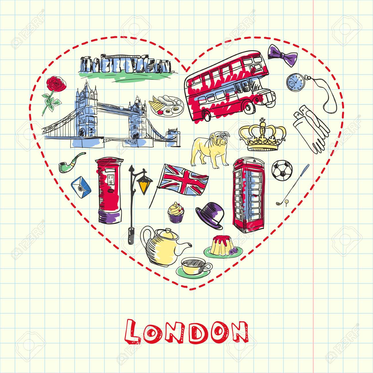 ロンドンが大好きです 点線の心は 方眼のベクトル図に描かれた英語の大文字に関連付けられている色の落書きでいっぱい ヨーロッパの旅についての思い出 英国関連のアイコンをペンでスケッチのイラスト素材 ベクタ Image