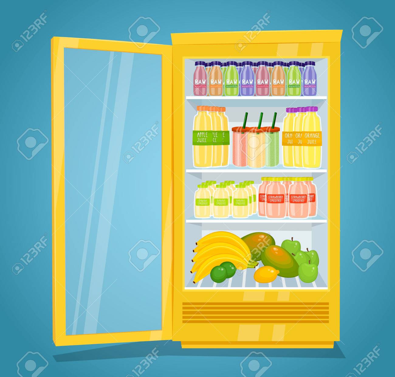 frigorifico industrial completa de productos con sabor a fruta nevera abierta lleno con frutas zumos y batidos en la ilustracion del vector de