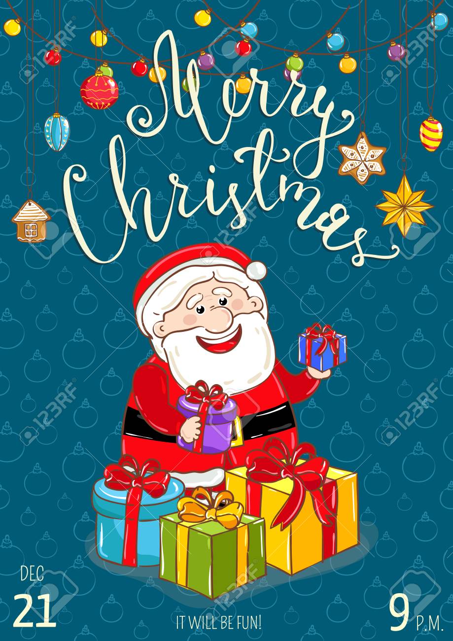 christmas party promo poster with date and time cheerful santa christmas day poster