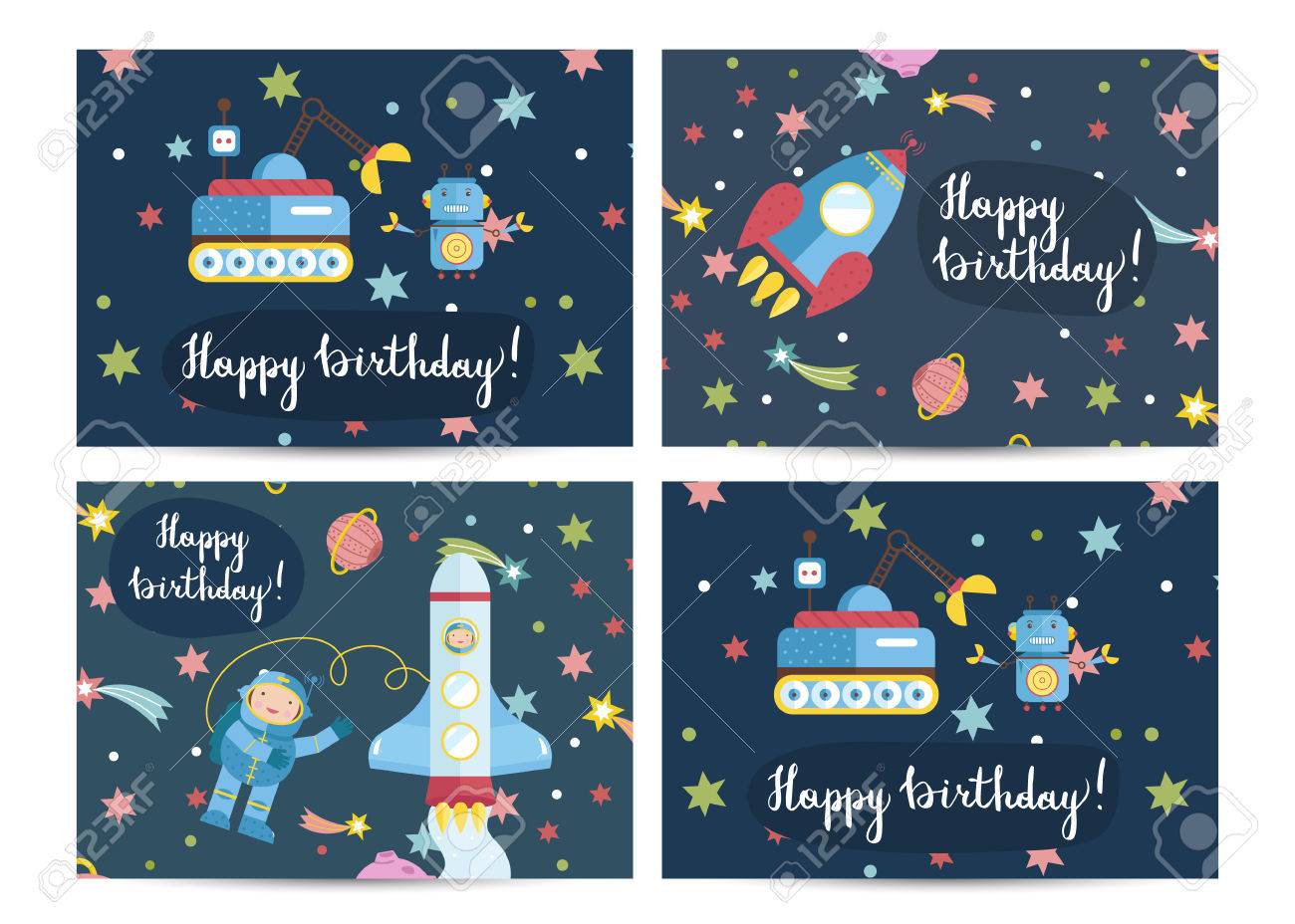 Cartes De Voeux De Dessins Animes Du Joyeux Anniversaire Sur Le Theme De L Espace Navette Spatiale Avec Astronautes Robot Avec Exploration Dans Un Ensemble D Illustrations Vectorielles Etoilees Invitation Brillante A La Fete Cartes De Voeux De Dessins Animes Du Joyeux Anniversaire Sur Le Theme De L Espace Navette Spatiale Avec Astronautes Robot Avec Exploration Dans Un Ensemble D Illustrations Vectorielles Etoilees Invitation Brillante A La Fete
