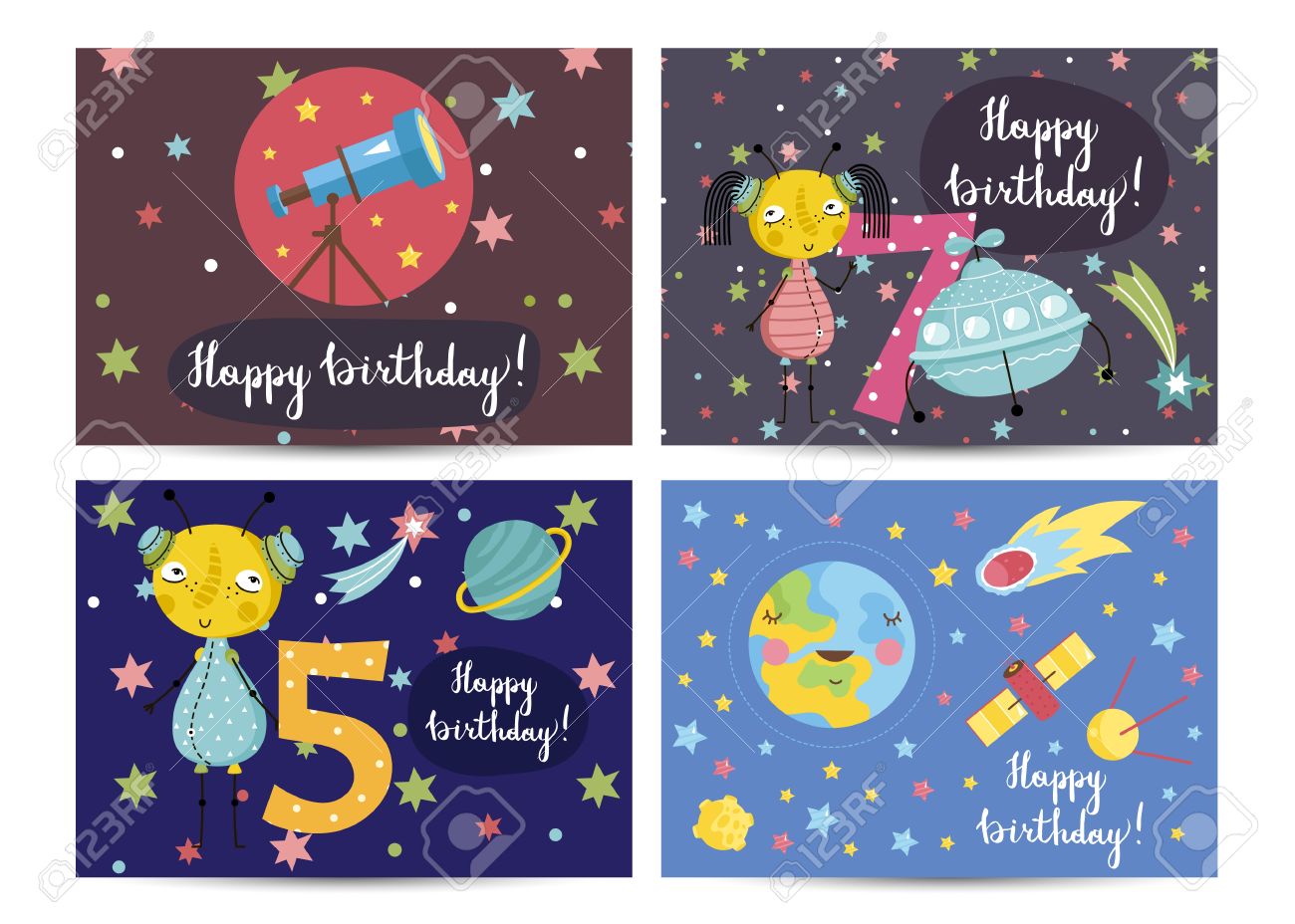Cartes De Voeux De Dessins Animes Du Joyeux Anniversaire Sur Le Theme De L Espace Telescope Aliens Mignons Soucoupe Volante Terre Comete Vecteurs De Satellites Sur Un Fond D Arriere Plan Etoile Invitation Brillante A