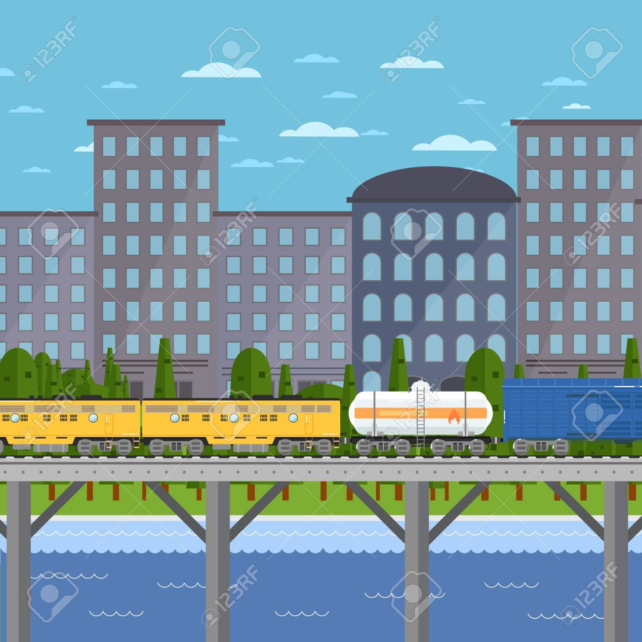 コンテナー貨物列車がベクトルの街並みのイラストの背景に橋の上を移動します 物流鉄道輸送設計 強力なディーゼル機関車の側面図です 鉄道の貨物列車 の イラスト素材 ベクタ Image