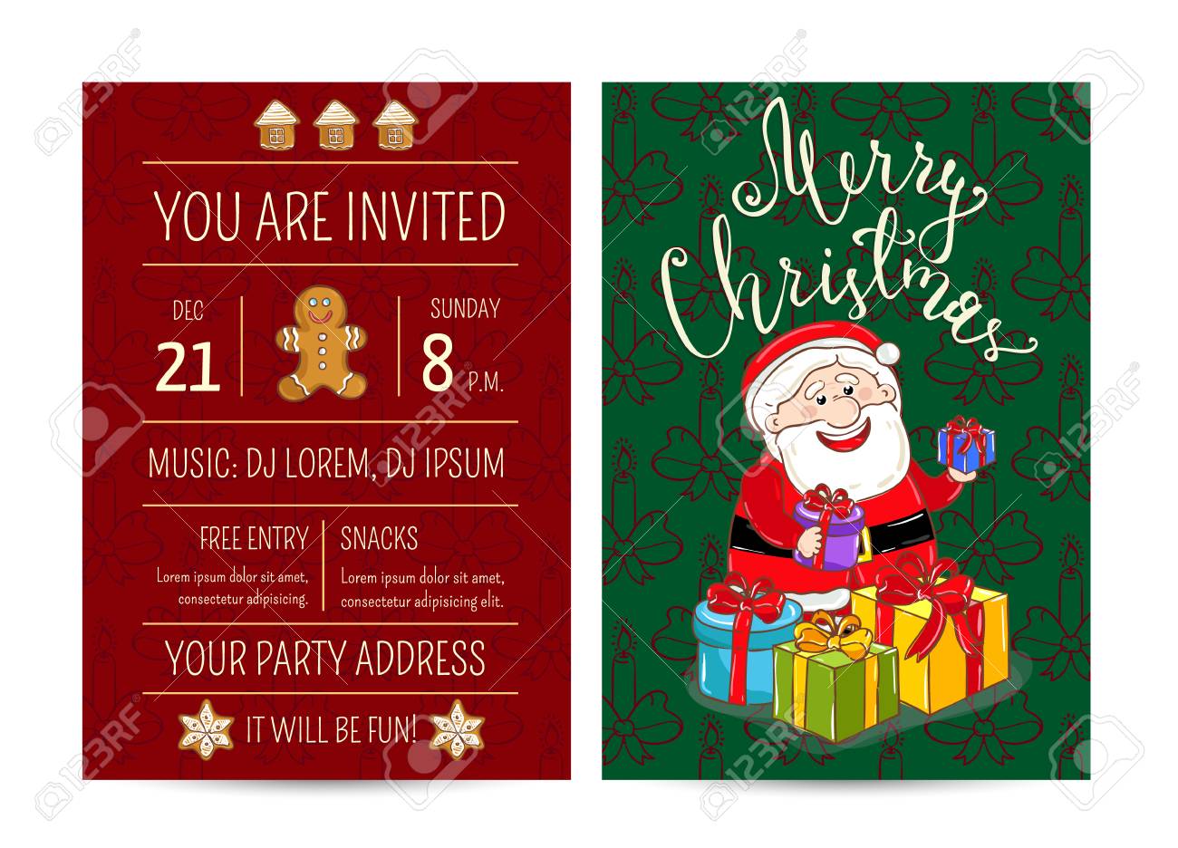 La Data Del Natale.Vettoriale Invito A Festa Di Natale Con La Data E L Ora Allegro Babbo Natale Regali Avvolti Biscotti Di Panpepato Di Vettore Del Fumetto Buon Natale E Felice Anno Nuovo Auguri Divertimento