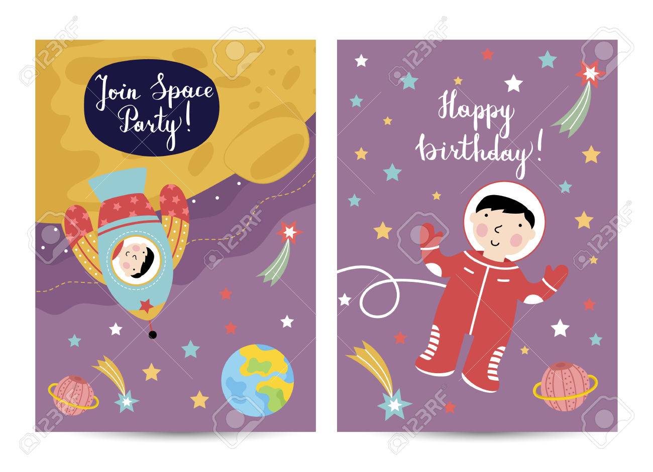 Bonne Bande Dessinee D Anniversaire Carte De Voeux Sur Le Theme De L Espace Rocket Avec Un Garcon Sur La Lune L Astronaute Vol En Apesanteur Parmi Les Etoiles Et Les Planetes Illustration Vectorielle Invitation