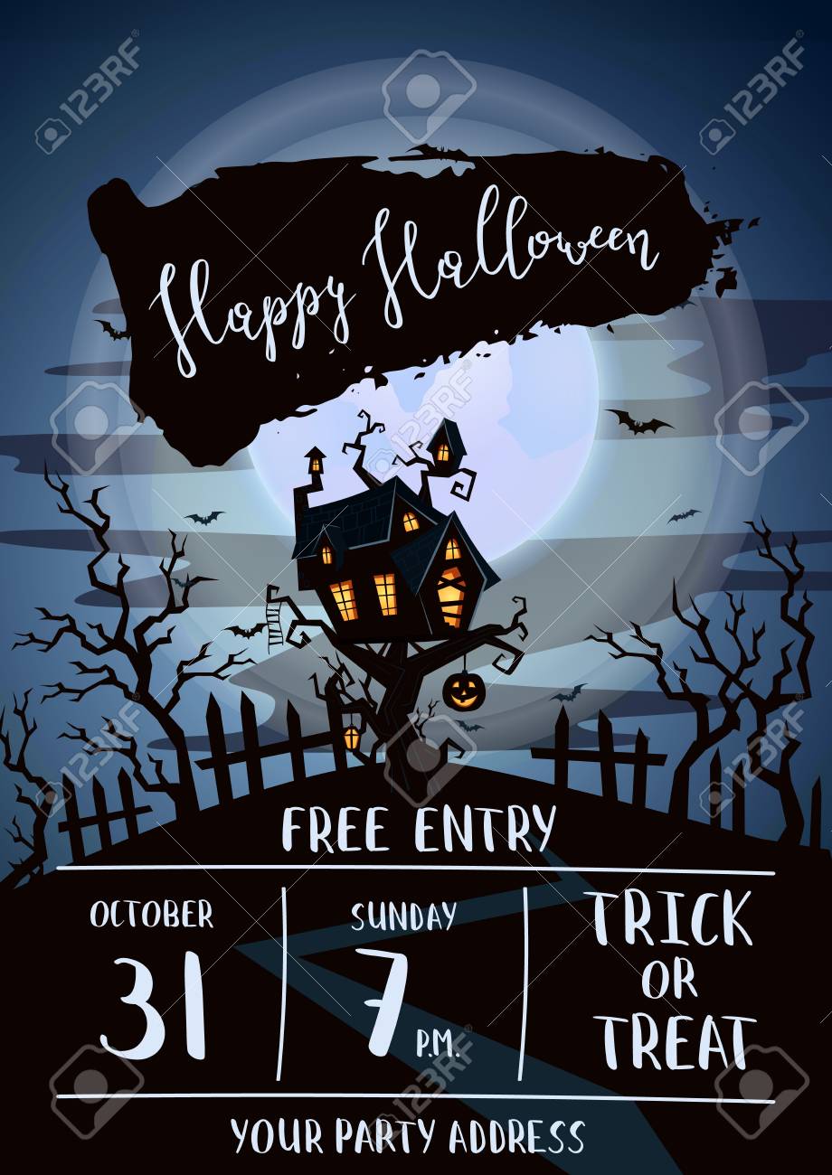 happy halloween party banner with spooky castle stock vector 87042158