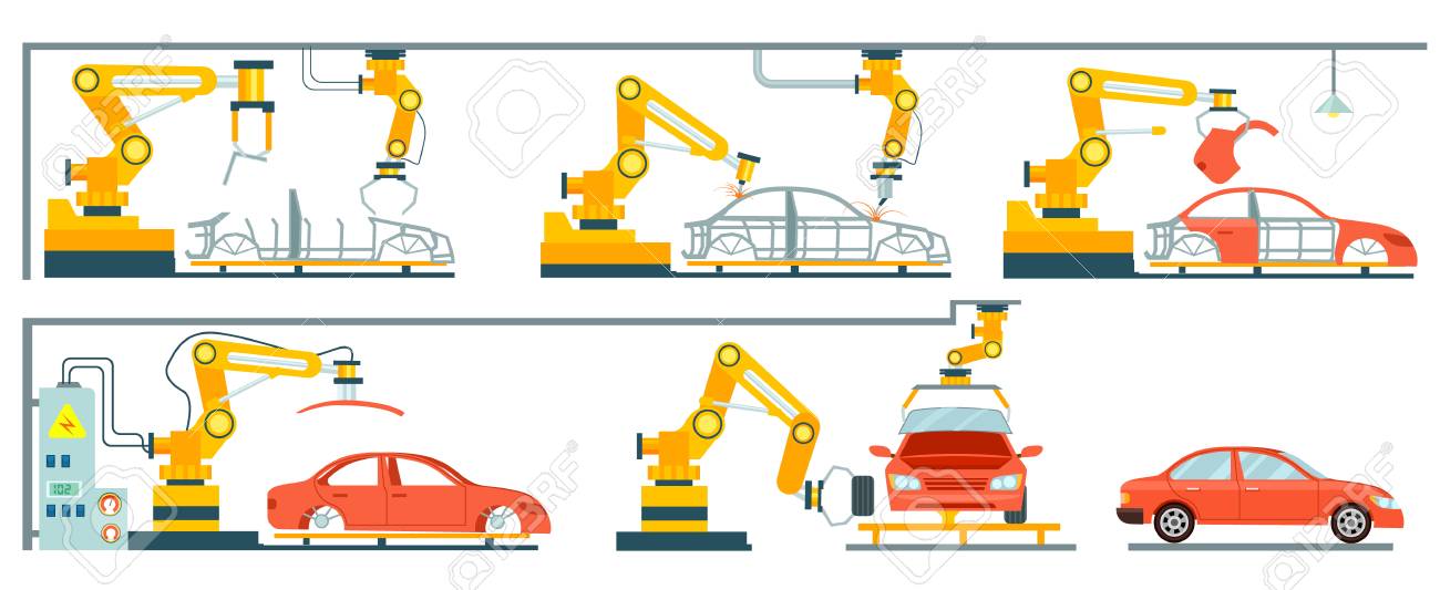 スマートロボット自動車組立ラインを備えた工場 最新のエンジニアリングシステム 自動車生産ライン 自動車製造工程 フラットなスタイルでベクトルイラストを組み立てるためのコンベア のイラスト素材 ベクタ Image