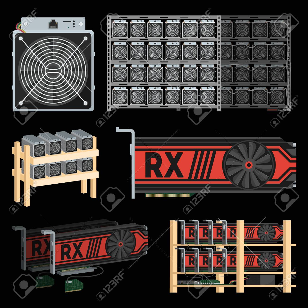 암호 화폐 마이닝 GPU 팜 세트 로열티 무료 사진, 그림, 이미지 그리고 스톡포토그래피. Image 97189149