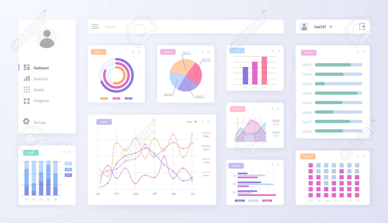 グラフ、チャート図セットを備えたデジタルダッシュボード管理パネル。ユーザーインターフェイスのデザイン、データの視覚化と管理のためのマーケティングインフォグラフィック、白で隔離の検索ボタンのベクトル図のイラスト素材・ベクター  Image 159499127