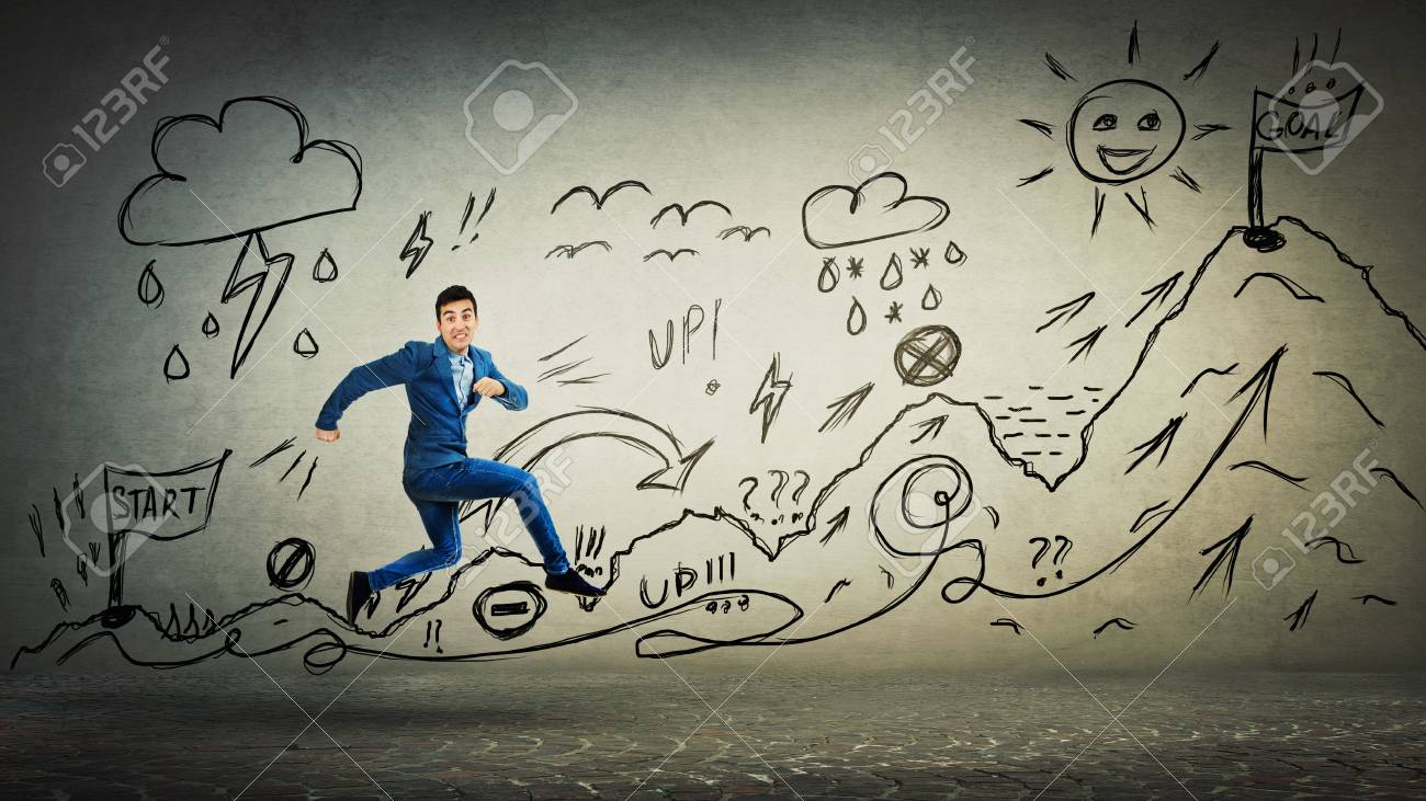 Businessman In Suit Running Life Quest With Obstacles Self
