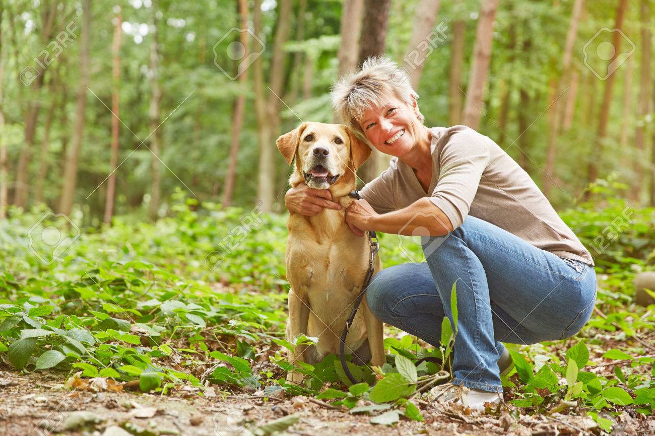 Labrador Retriever sitting with elderly woman in a forest - 32499749 Labrador Retriever sitting with elderly woman in a forest - 32499749