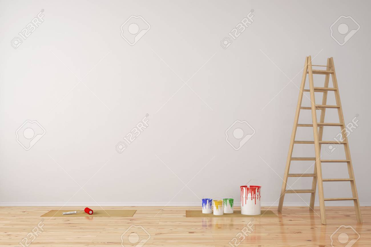 Pared Con Latas De Pintura Y Escalera Durante La Renovacion De Las