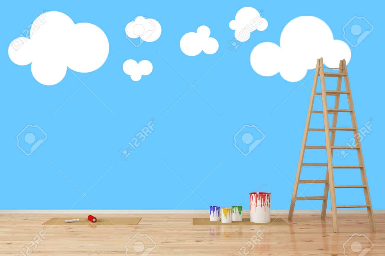 Weisse Wolken Gemalt An Der Wand Im Kinderzimmer Fur Kinder 3d Rendering Lizenzfreie Fotos Bilder Und Stock Fotografie Image 56878696
