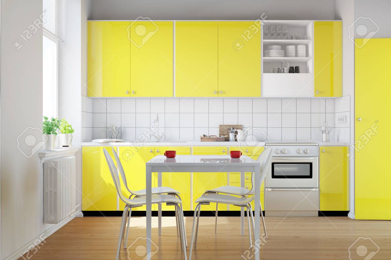 Cocina Amarilla En Una Pequeña Cocina Con Mesa De Desayuno (3D ... Cocina Amarilla En Una Pequeña Cocina Con Mesa De Desayuno (3D ...