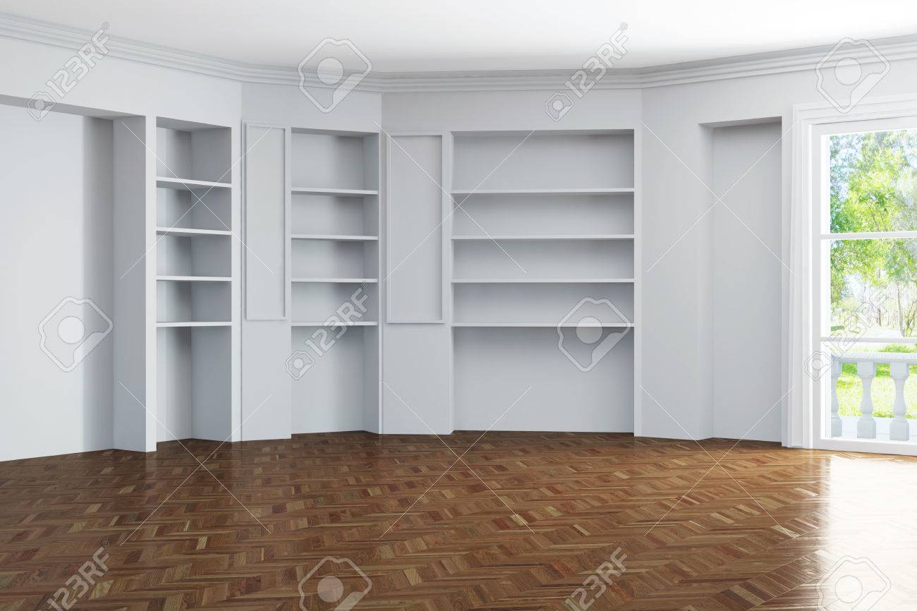 Salon Vacio Luminoso Con Estantes En La Pared De Una Casa 3d