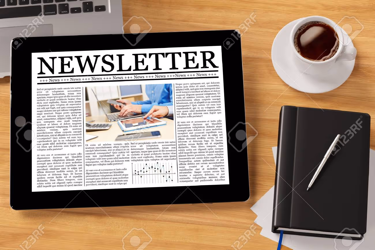 Online newsletter on tablet computer on a desktop (3D Rendering) - 58112238 Online newsletter on tablet computer on a desktop (3D Rendering) - 58112238