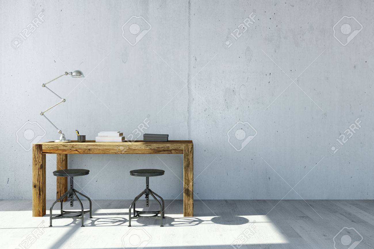 Desk with lamp in front of concrete wall in home office (3D Rendering) - 61608464 Desk with lamp in front of concrete wall in home office (3D Rendering) - 61608464