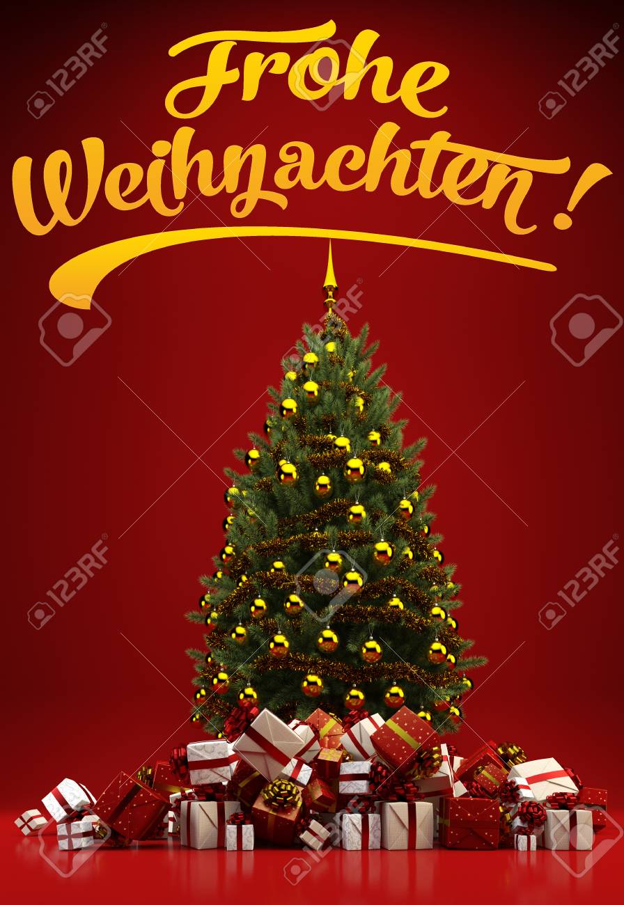 Christmas Tree And Gifts With German Slogan \, image size:896x1300