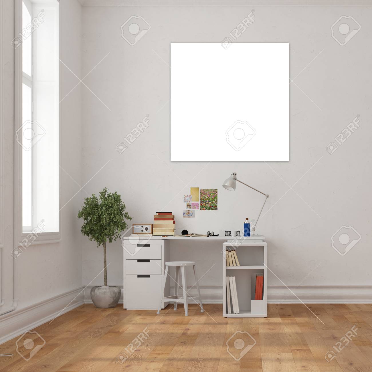 Lona Blanca Vacia En La Pared Sobre Un Escritorio En Una Oficina