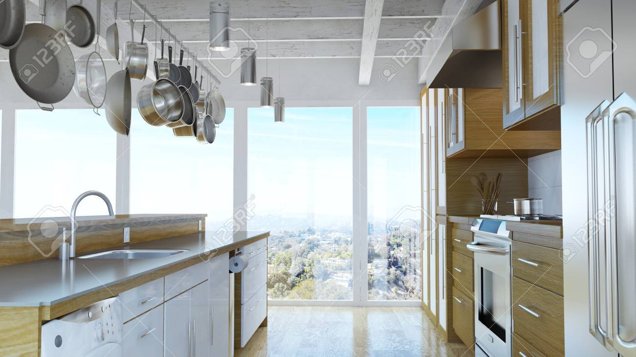 Modern Kitchen With Pots And Pans Hanging From The Ceiling 3d