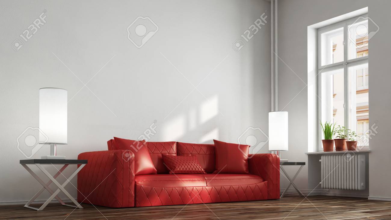 Red Leather Sofa In Living Room In Front Of A Wall 3d Rendering Stockfoto Red Leather Sofa In Living Room In Front Of A Wall 3d Rendering Stockfoto