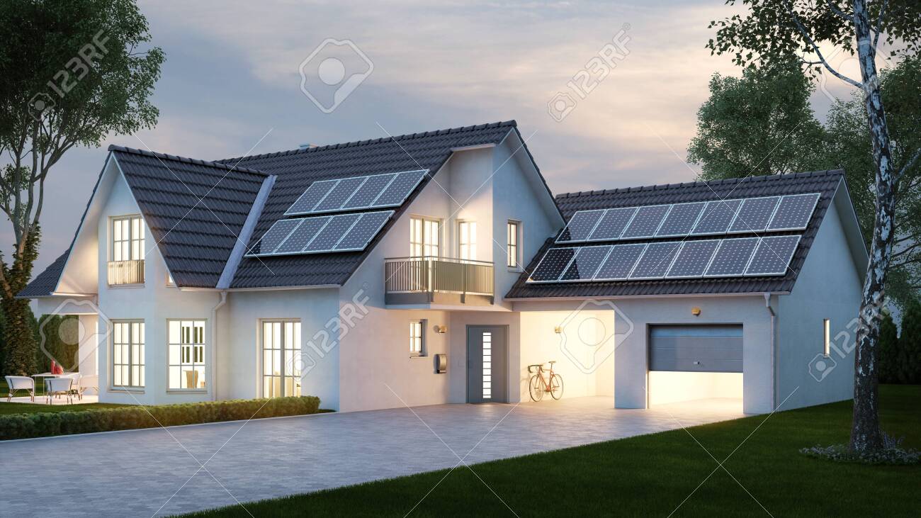 House with bright lighting in the evening in front of the sky in summer (3D Rendering) - 155098927 House with bright lighting in the evening in front of the sky in summer (3D Rendering) - 155098927