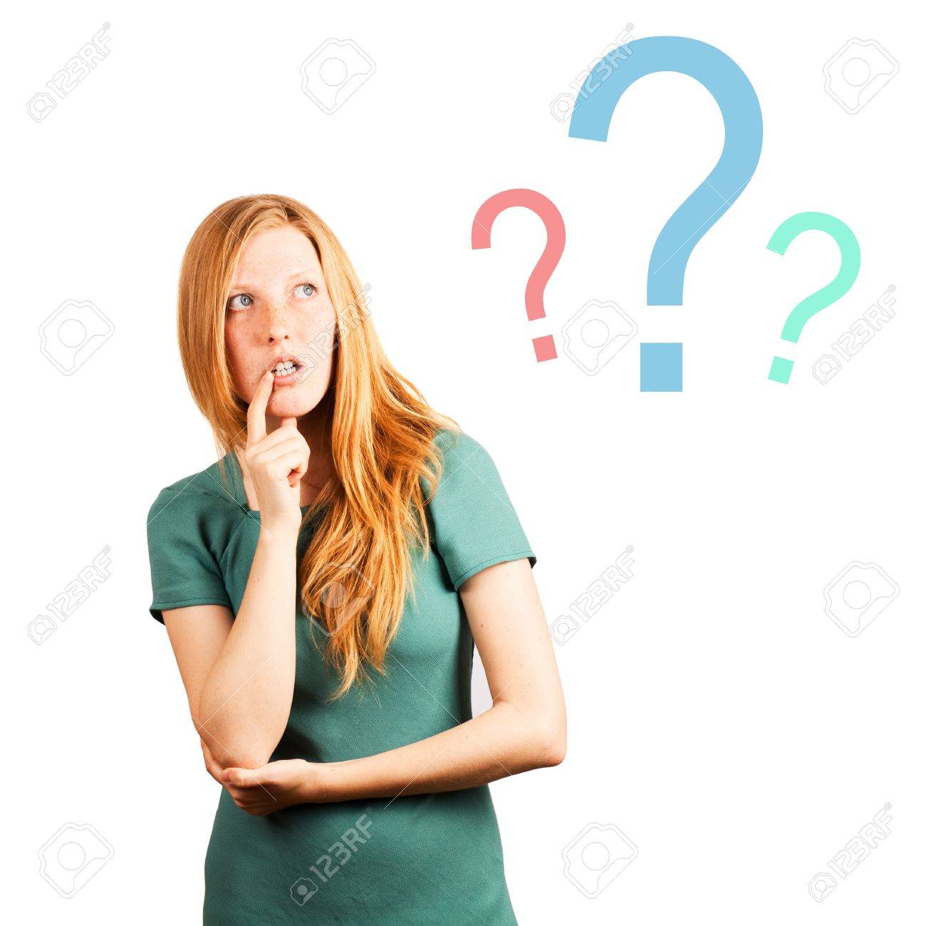 thinking red-haired girl isolated on a white, looking at questions marks. - 14748583 thinking red-haired girl isolated on a white, looking at questions marks. - 14748583