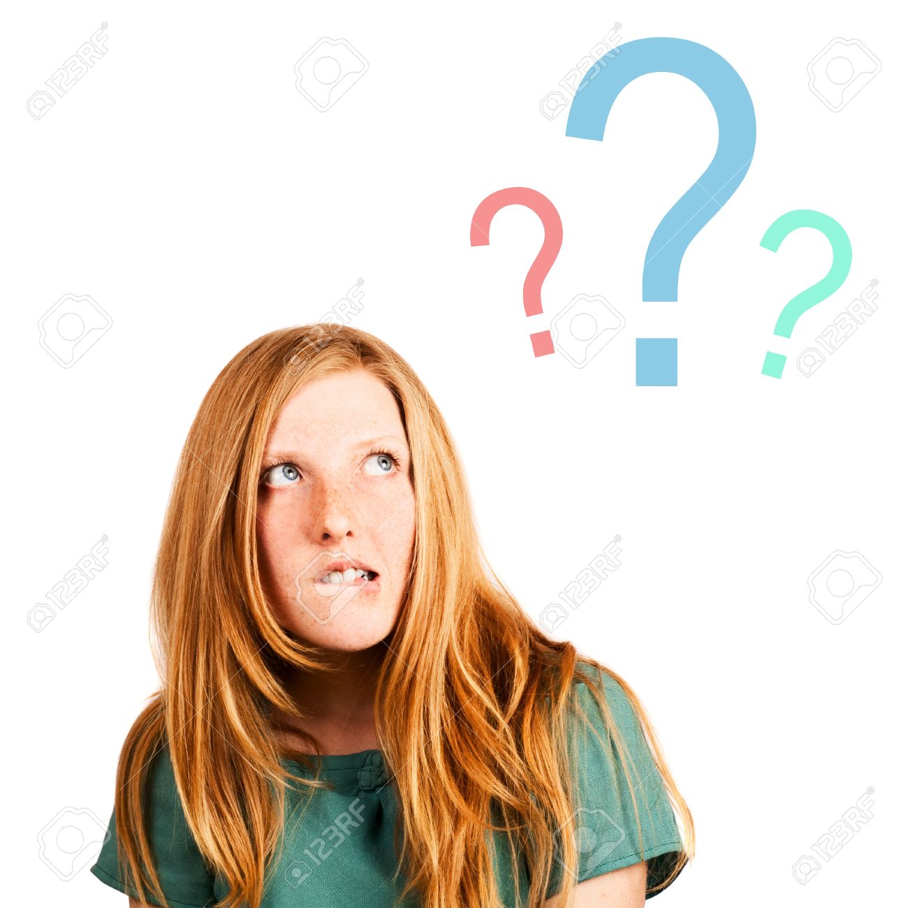 thinking red-haired girl isolated on a white, looking at questions marks. rich face expression - 14748590 thinking red-haired girl isolated on a white, looking at questions marks. rich face expression - 14748590