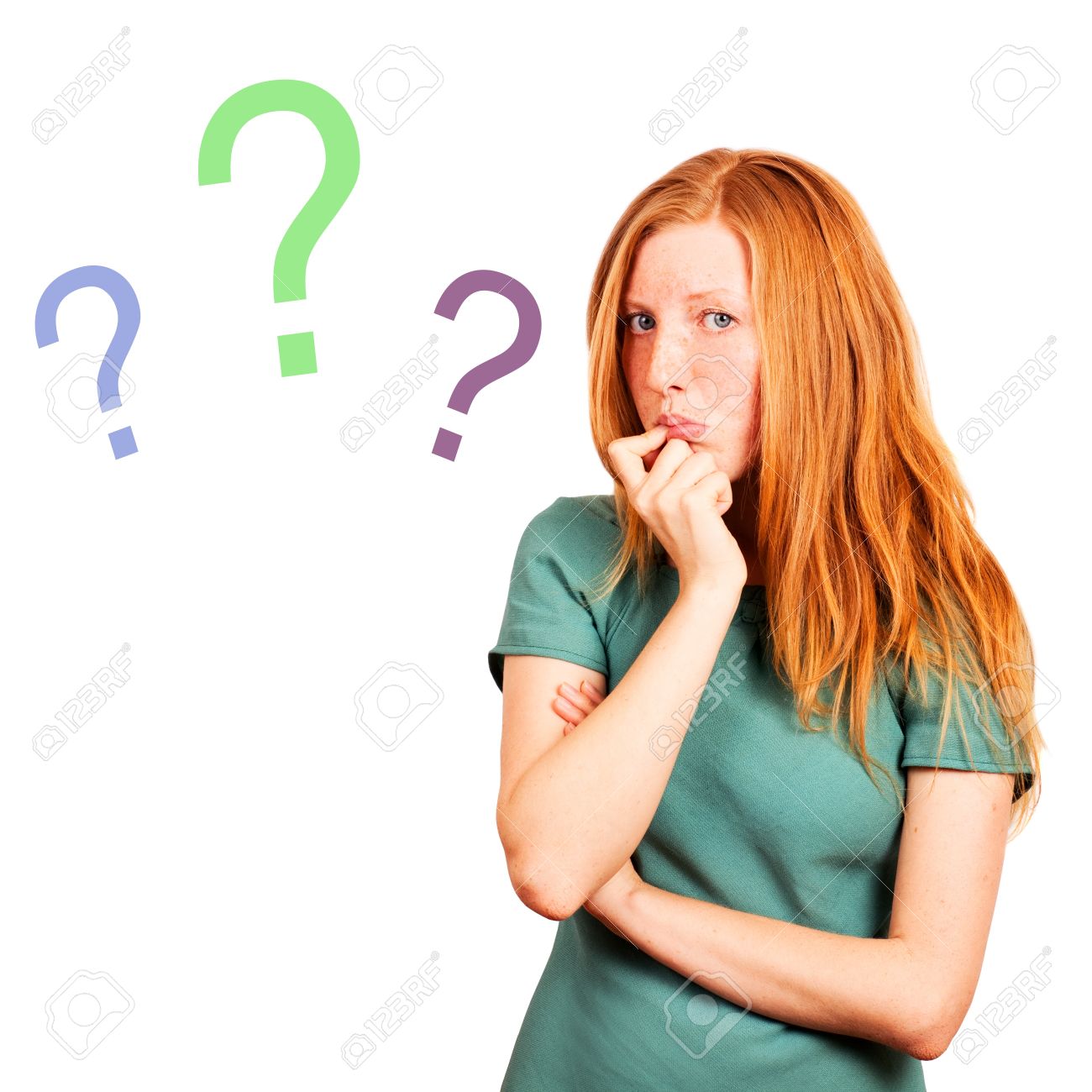 thinking red-haired girl isolated on a white, questions marks at background - 19786519 thinking red-haired girl isolated on a white, questions marks at background - 19786519