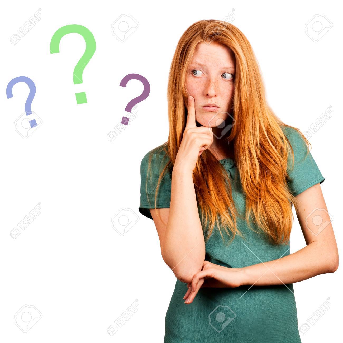 thinking red-haired girl isolated on a white, questions marks at background - 19786518 thinking red-haired girl isolated on a white, questions marks at background - 19786518