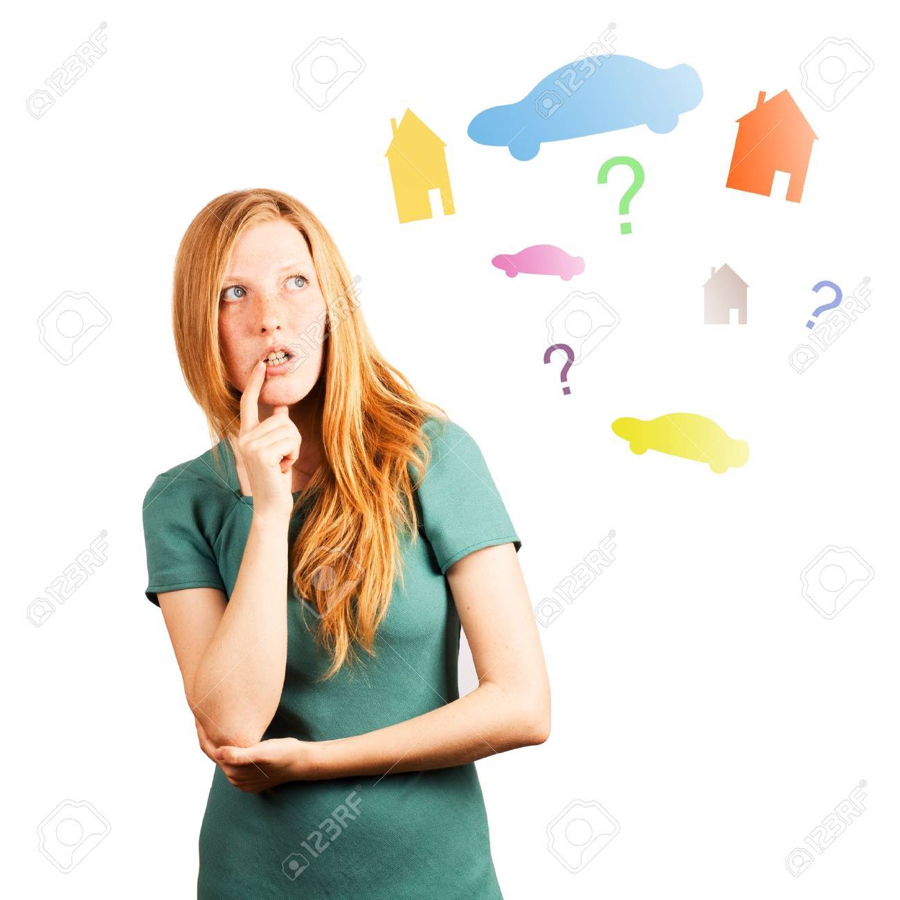 red-haired girl thinking isolated on a white, looking at coloured cars, houses and questions - 20535265 red-haired girl thinking isolated on a white, looking at coloured cars, houses and questions - 20535265