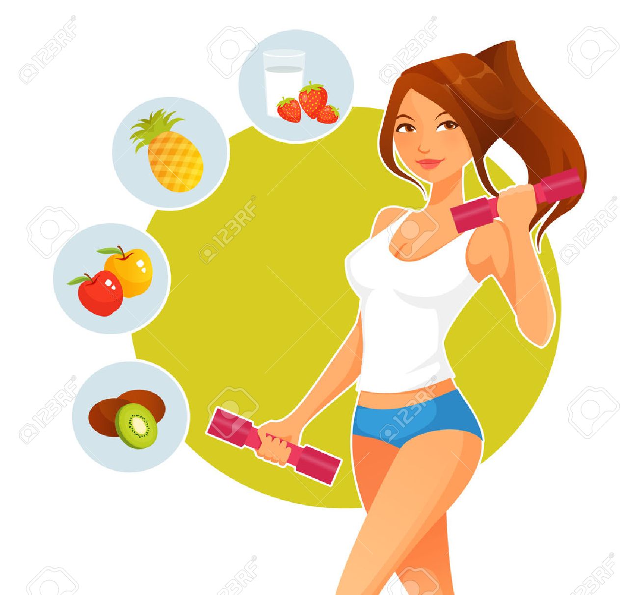 sporty cartoon girl with dumbbells and variety of healthy fruits - 42028999 sporty cartoon girl with dumbbells and variety of healthy fruits - 42028999