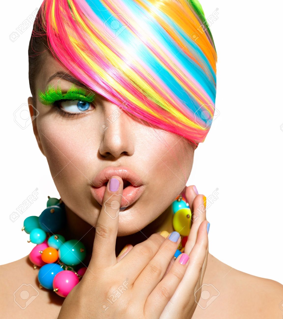Beauty Girl Portrait with Colorful Makeup, Hair and Accessories - 21065063 Beauty Girl Portrait with Colorful Makeup, Hair and Accessories - 21065063