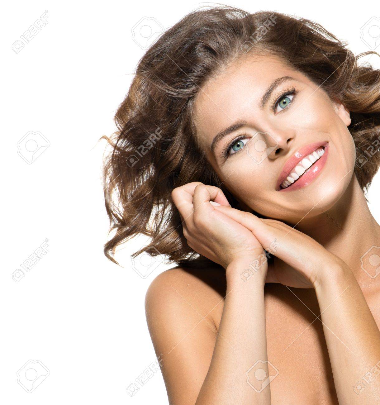 Beauty Young Woman Portrait Over White Short Curly Hair Stock