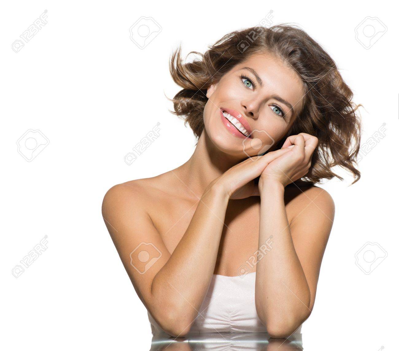 Beauty Young Woman Portrait Over White Short Curly Hair Stock